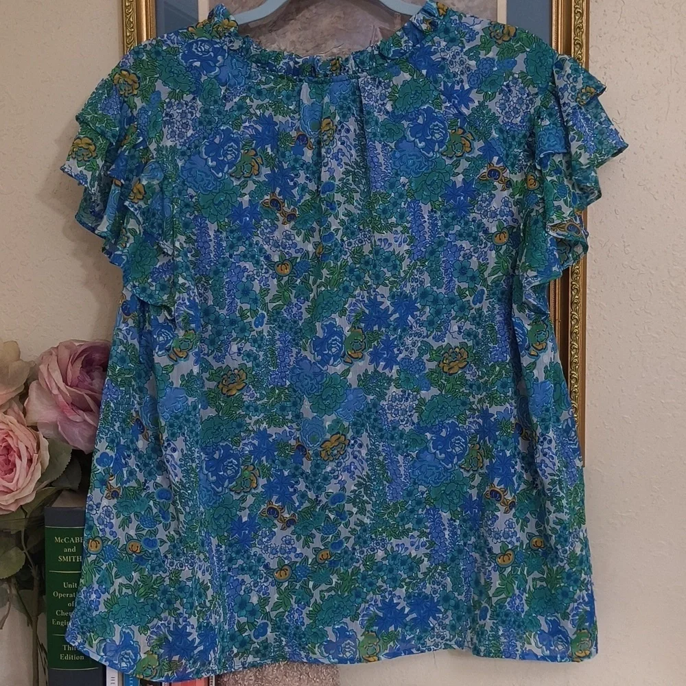 Joie Floral Blue and Green Women's Top Garden Party Brunch Career Large Vacation - Picture 10 of 15